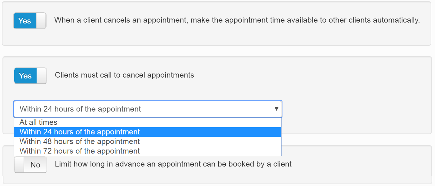 The settings allowing a professional to avoid last minute cancellations