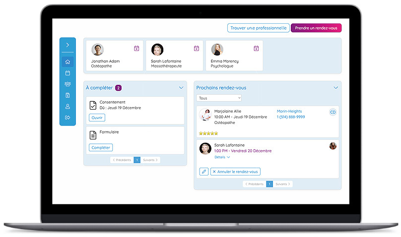 Le portail client GOrendezvous, qui affiche les professionnel.le.s, les rendez-vous et les choses à faire du client