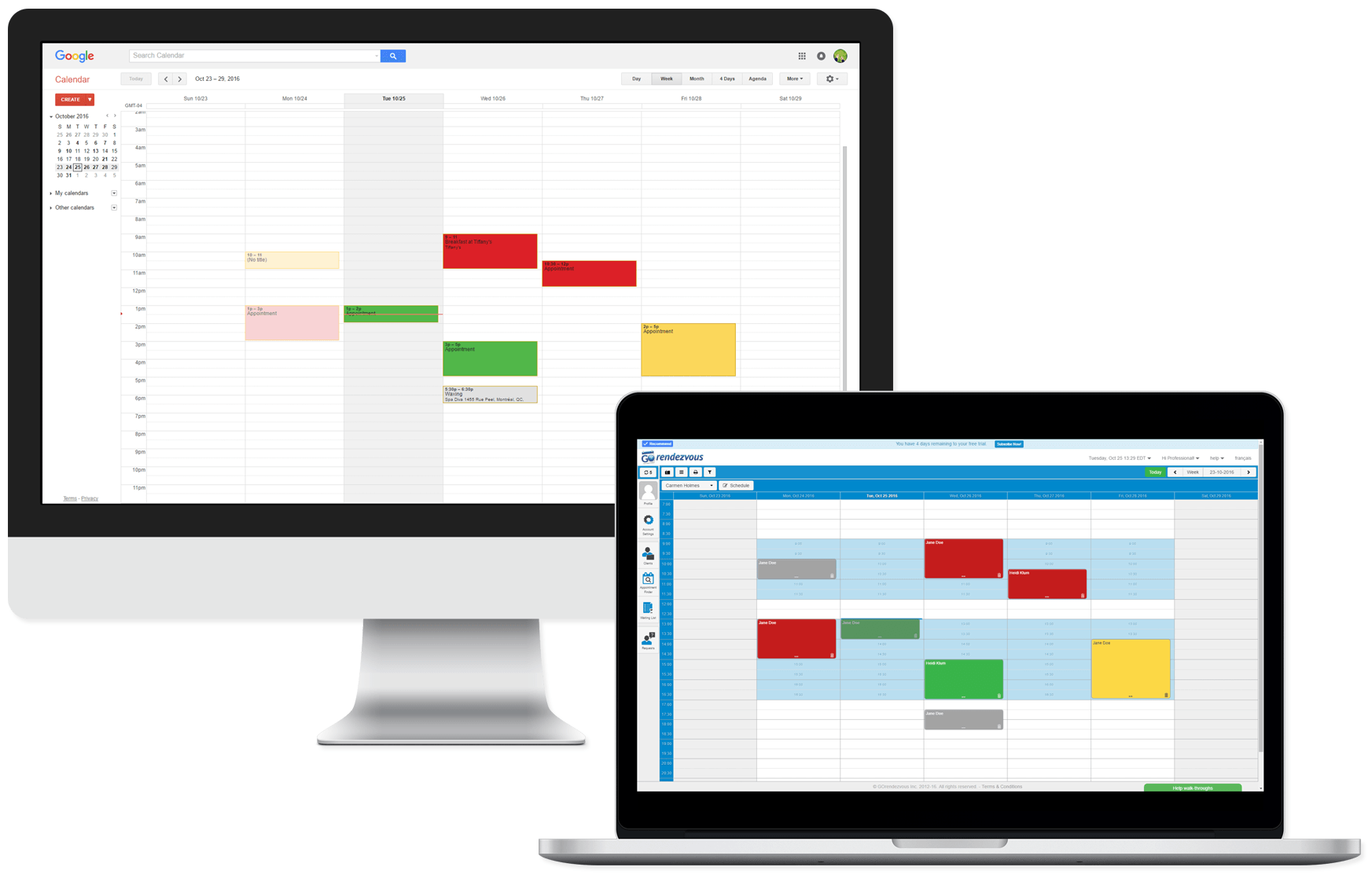 GOrendezvous's scheduling view next to a google calendar with the same schedule