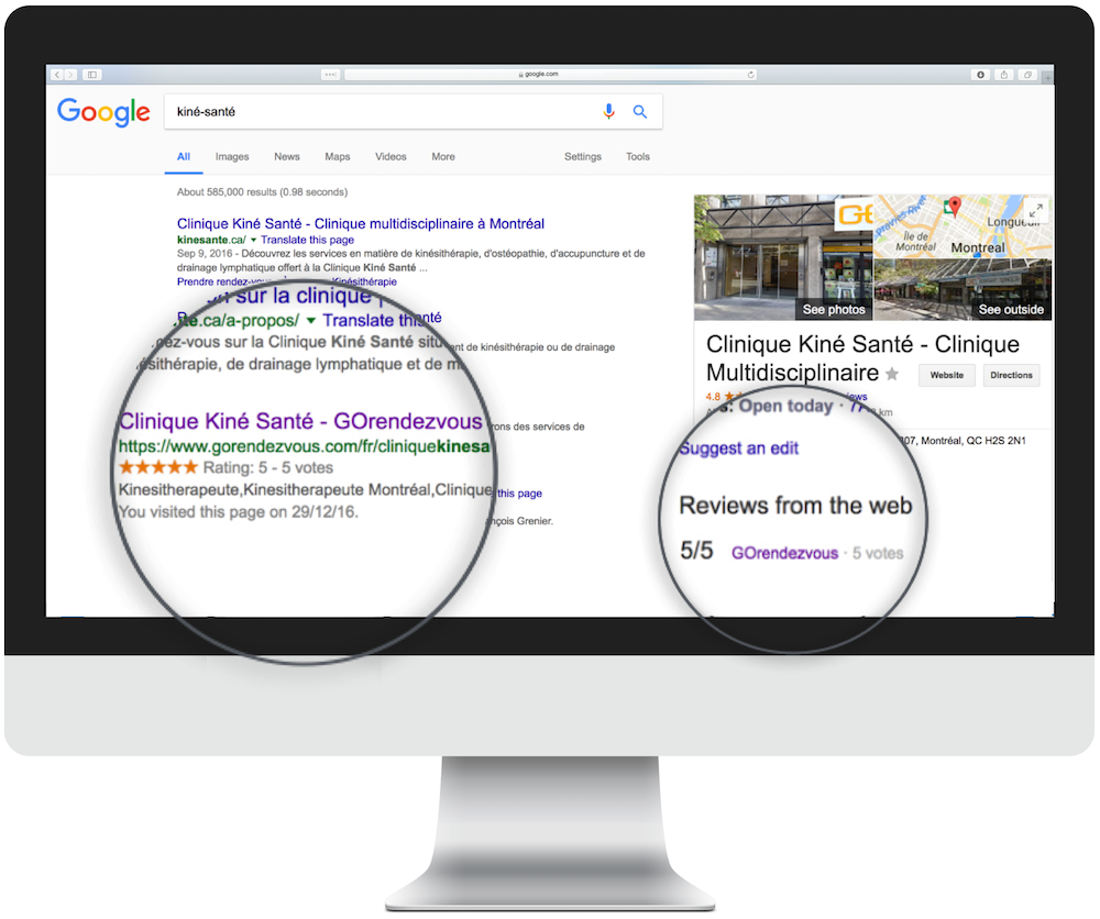 A computer displaying a google search with the professional's page and ratings magnified