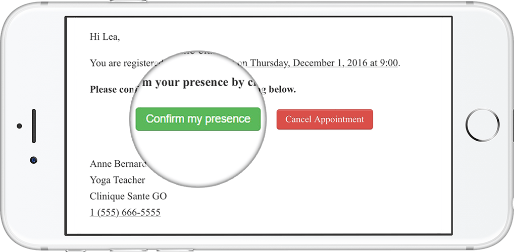A phone showing an email reminder with a magnified 'confirm my presence' button
