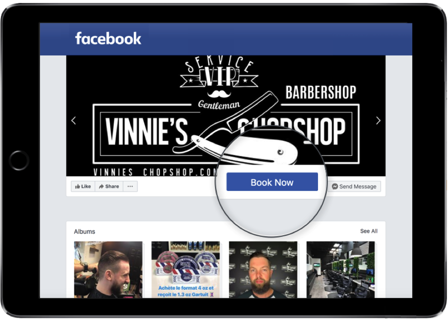 An ipad showing Vinnie's Chopshop's facebook page where the GOrendezvous booking button is magnified