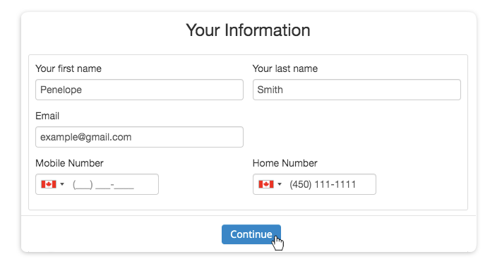 The passwordless client sign up form comprised of the client's first and last name, email, mobile number and phone number
