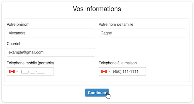 Le formulaire d'inscription du client sans mot de passe demandant le prénom et le nom du client, son adresse électronique, son numéro de téléphone portable et son numéro de téléphone