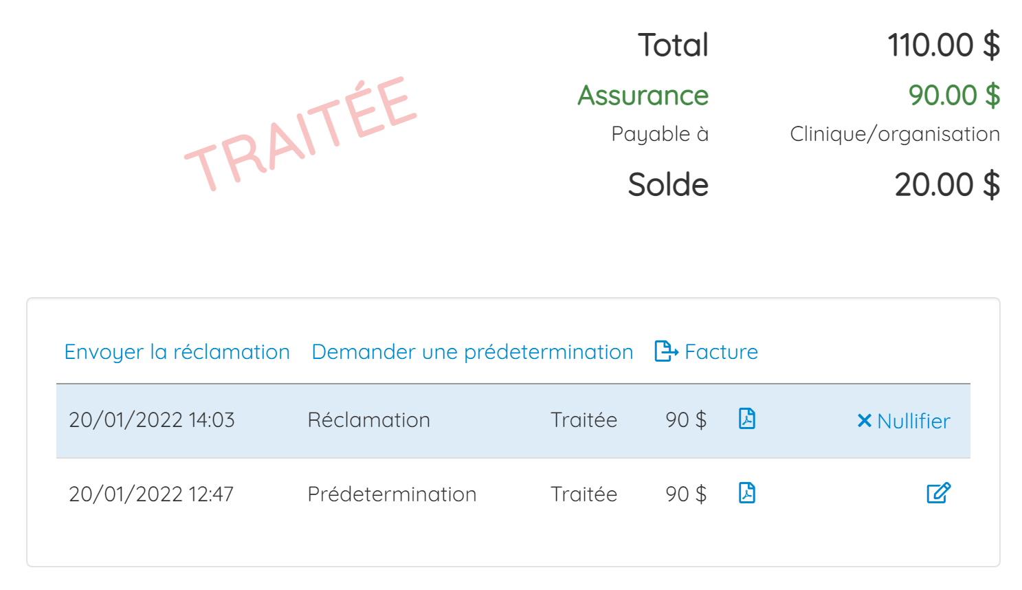 Une réclamation traitée montrant que les assureurs couvriront 90 $ sur un prix total de 110 $