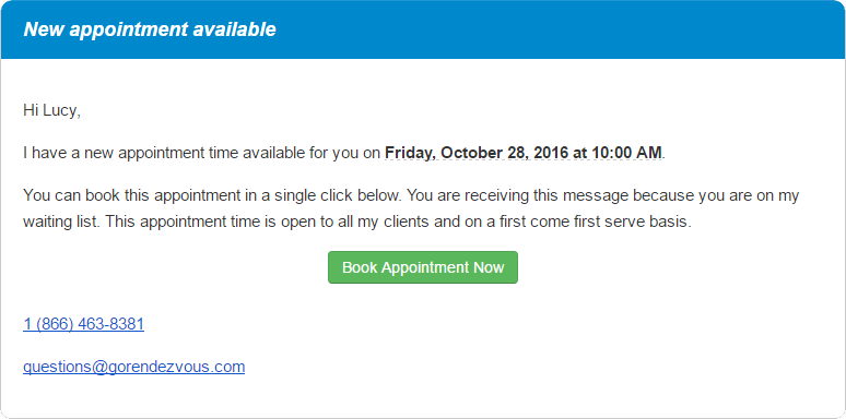 An email offering an appointment to a client on the waiting list