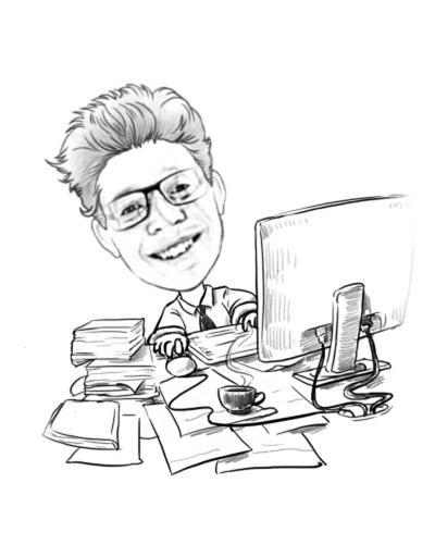 Black and white cartoon of Philippe Papillon working at a desk