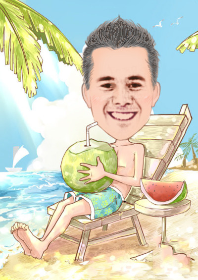 Cartoon of Réjean Hurtubise at the beach drinking from a coconut