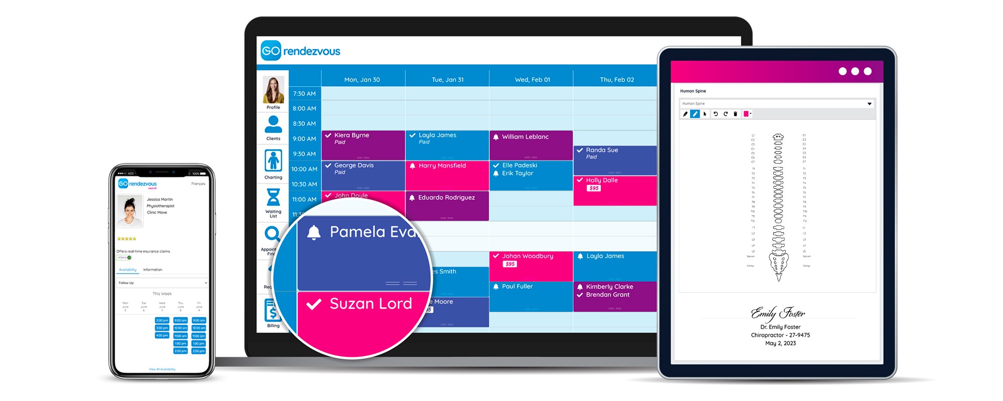 A view of a chiropractor's GOrendezvous schedule on different devices